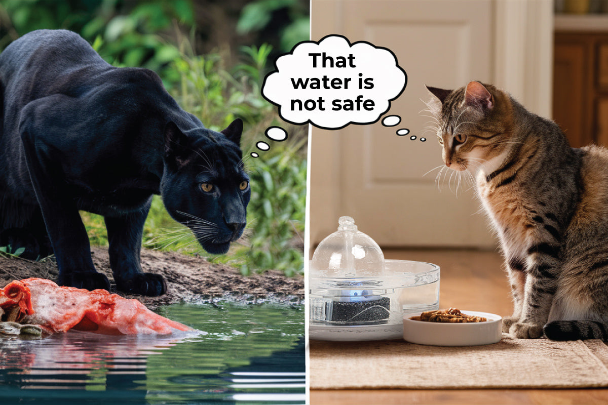 Panther and cat looking at water beside the food