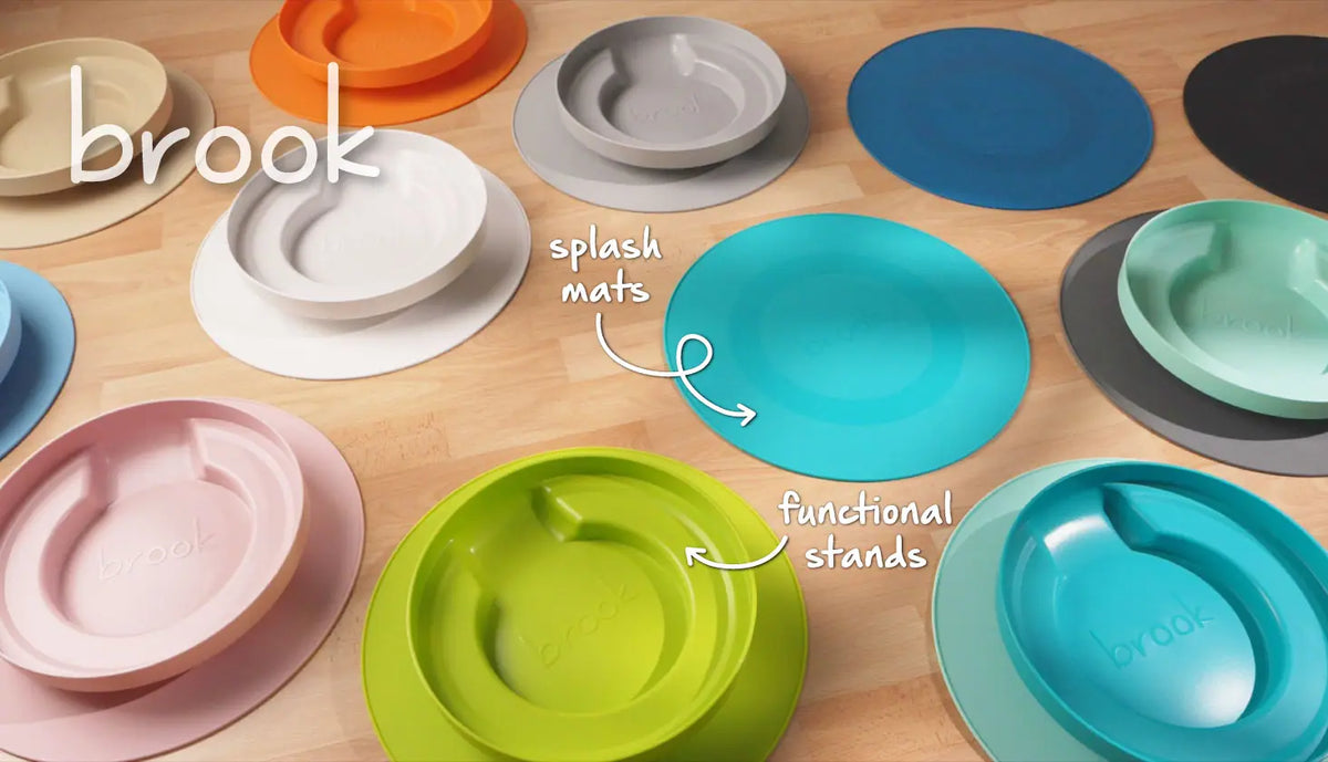 Brook splash mats and functional stands in many colors.