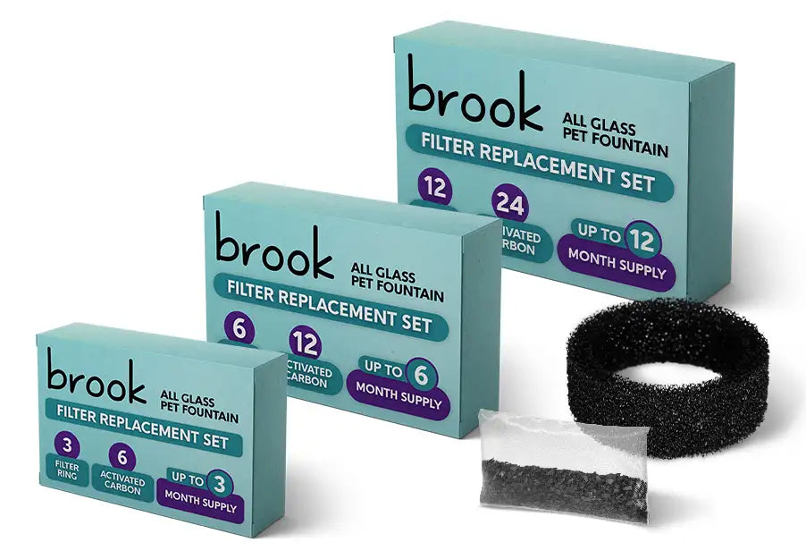 Brook filter replacement sets for 3, 6 and 12 months, with a particle filter sponge and an activated carbon sachet.