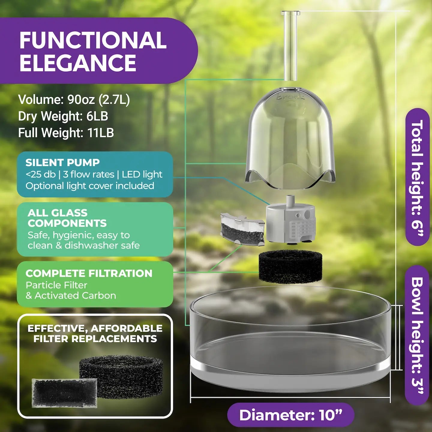 Brook All-Glass Pet Water Fountain (90oz/2.7L) - Brook